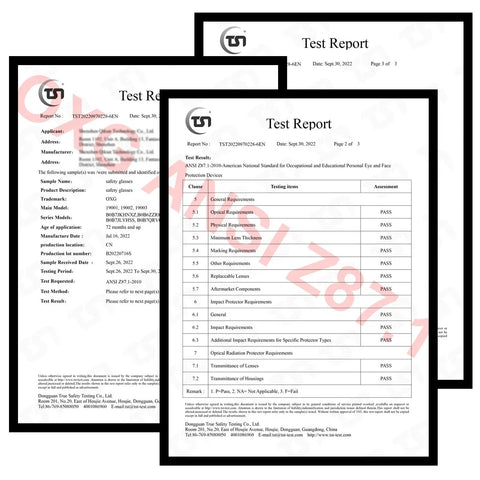 ANSI Z87.1 test reports for 12 Pack ANSI Z87.1 Safety Glasses for Men and Women, impact resistant protective eyewear.