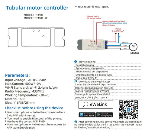 WiFi Relay Switch 10A Smart Motor Controller tech specifications, setup guide, and eWeLink compatibility.