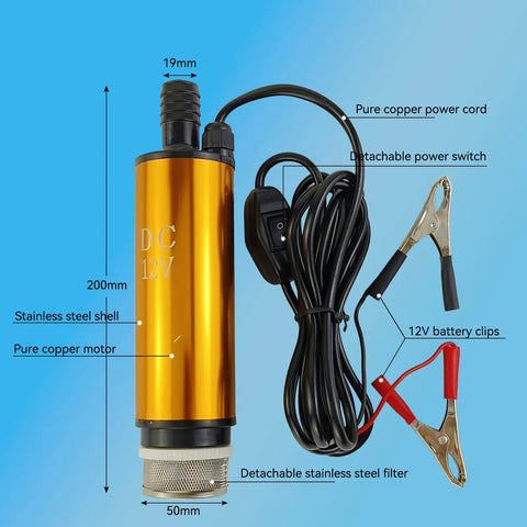 DC 12V 80W Submersible Water Pump for Diesel Oil and Fuel Transfer 30L per Minute Flow 30 Meter Lift with copper motor and power clips
