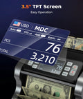Mixed Denomination Money Counter For Businesses With Multi Currency Support And Value Counting That Counts Fast Like A Boss, UV MG IR MT Bill Verification, 3.5 Inch TFT Display Printer Enabled Cash Counter For USD EUR MXN showing TFT screen and cash feeding.