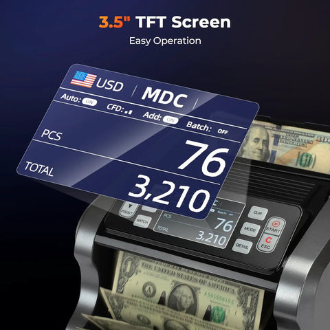 Mixed Denomination Money Counter For Businesses With Multi Currency Support And Value Counting That Counts Fast Like A Boss, UV MG IR MT Bill Verification, 3.5 Inch TFT Display Printer Enabled Cash Counter For USD EUR MXN showing TFT screen and cash feeding.
