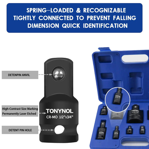 Impact Socket Adapter And Reducer Set With Universal Joint Swivels, Eleven Piece Kit From One Quarter Inch To One Inch Drive, CrMo Steel, Storage Case, Pro Grade For Auto Repair, Maintenance And DIY Projects, blue case