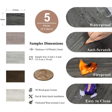 Image showing Self Adhesive Vinyl Floor Tiles Peel And Stick Planks In Wood Grain Soft Yellow 36 by 6 Inch features: waterproof, anti-scratch, fireproof, easy to clean, dimensions.