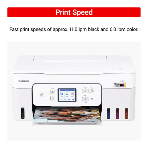 Front view of G3290 All In One Wireless Supertank Printer with color touchscreen and visible ink levels on the side.