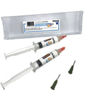 Low Viscosity Halogen Free Liquid Flux For BGA Rework Reballing And Reflow Ideal For VGA GPU Repairs And Microsoldering Covers Solder Balls And PCB Pads When Heated To About 150 Degrees Celsius For Clean Reliable Micro Soldering, showing syringes and tips