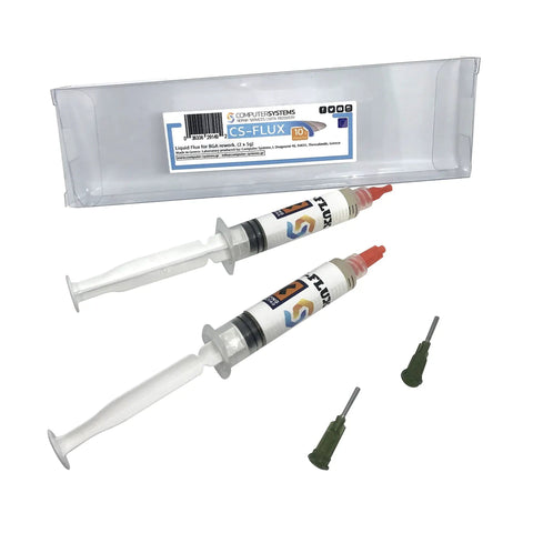 Low Viscosity Halogen Free Liquid Flux For BGA Rework Reballing And Reflow Ideal For VGA GPU Repairs And Microsoldering Covers Solder Balls And PCB Pads When Heated To About 150 Degrees Celsius For Clean Reliable Micro Soldering, showing syringes and tips