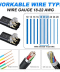 Double Wire Plug In Connector Kit For Low Voltage LED Light Strips With Locking Buckle, 2 Pin Quick Disconnect Connectors For DIY And Repair, Tool Free Easy Cable Insertion, No Wire Stripping Needed, Compatible With 18 To 22 AWG. Image shows 18-22 AWG wire types.