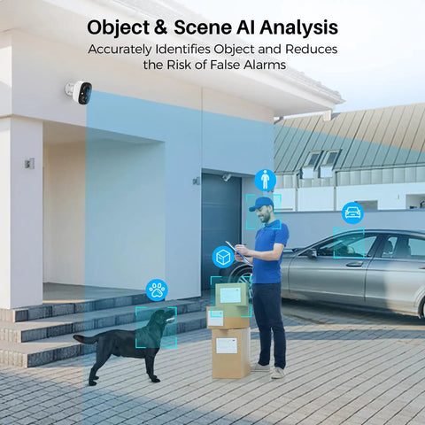 2K Battery Powered Wireless Security Camera for Indoor Outdoor Use Mounted on House with AI Motion Detection Features