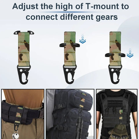 Molle Clips Key Holder 2 Pack Black Molle Webbing Clips With Carabiner Style Hooks attached to tactical gear