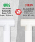 Comparison between our UV resistant 3/4 PVC tee fitting and others without UV protection, highlighting quality differences.