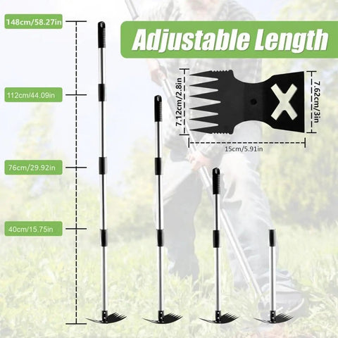 58 Inch Long Handle 2-in-1 Weed Puller And Hoe Garden Tool With A 6-Tine Weed Rake And Sharp Hoe showing adjustable length