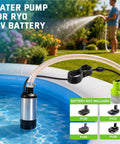 Kickass Cordless Submersible Water Pump With 1000GPH Brushless High Flow And 14.8 Ft Cable shown in pool with hose for drainage.