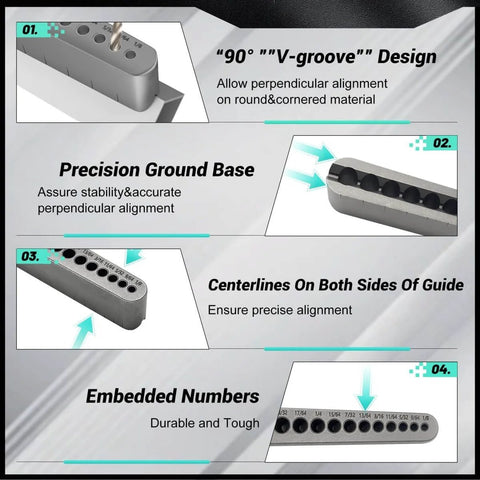 Pro Grade DIY-Friendly Portable Drill Guide For Straight Holes With 17 Drill Sizes From 1/8 To 3/8 In 1/64 Inch Increments features