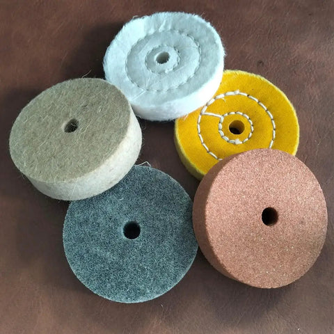 Five Piece Badass Corundum Buffing Wheel Set Featuring Three Inch Polishing Discs With Three Eighth Arbor Hole For Slick Metal Shine And Tough Surface Prep On Hard Materials.