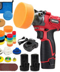 Battery Powered 12V Mini Car Buffer Polisher Beast Pro Grade Kit with accessories, batteries, and charging station.