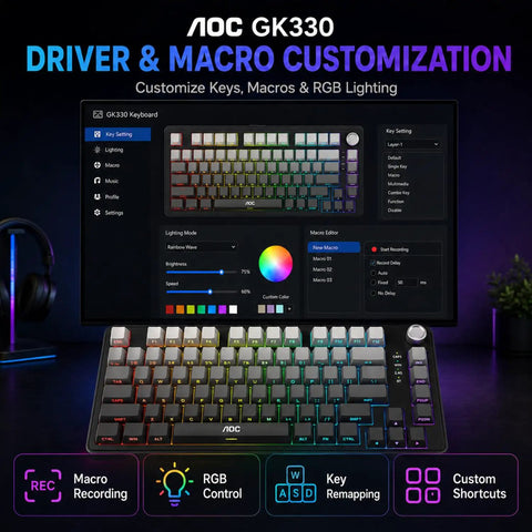 Slick 75 Percent Wireless Mechanical Gaming Keyboard With Hot Swappable Keys And Dope Dynamic RGB Lighting Hella Smooth Actuation For Serious Gamers And Creators displayed with RGB customization software.