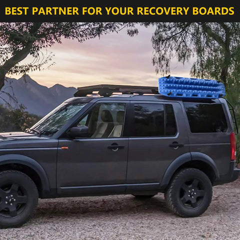 SUV with roof-mounted recovery traction boards secured by Lockable Mounting Pins For MKII Recovery Traction Boards 4 Pack