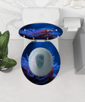 Laid Back Island Life Round Toilet Seat Cover highlighting colorful aquatic design, quiet close lid, round shape, and sturdy resin.
