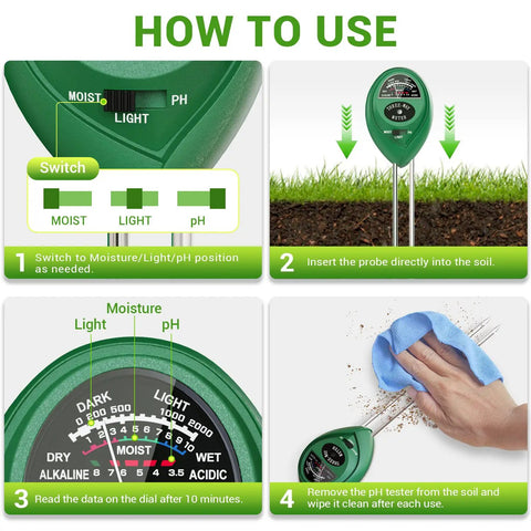 How to use 3 In 1 Soil Moisture Light pH Tester For Indoor And Outdoor Plants No Battery Needed Hydrometer Plant Probe Kit