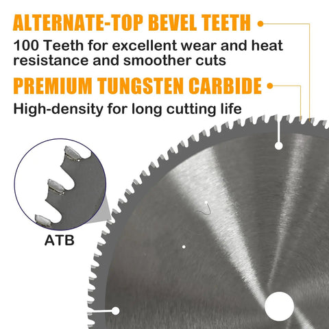 Ultimate 12-Inch 100-Tooth Tungsten Carbide Tipped Circular Saw Blade with ATB teeth for precision cuts on metals and plastics.