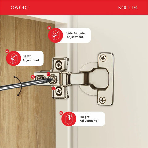 Installed view of Six Pack 1-1/4 Inch Overlay 40mm Cup 95 Degree Soft Close Concealed Self Closing Three Way Adjustable Face Frame Cabinet Hinges
