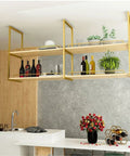 Dope Ceiling Mounted Wine Rack With Plant Shelf, Rustic Iron And Wood Holder For Kitchen Or Bar, space-saving storage display