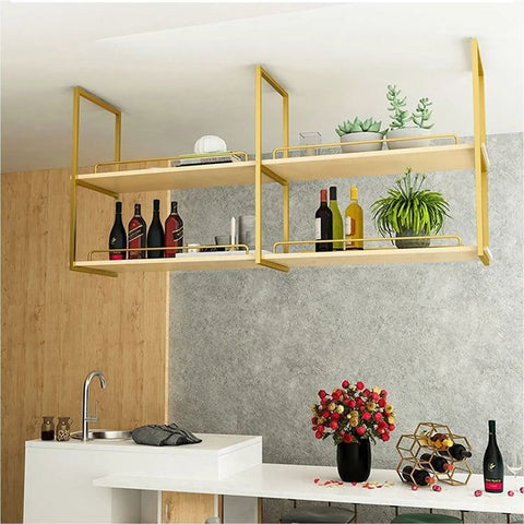 Dope Ceiling Mounted Wine Rack With Plant Shelf, Rustic Iron And Wood Holder For Kitchen Or Bar, space-saving storage display