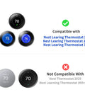 Compatibility chart showing Thermostat Wall Plate Cover And Trim Kit For First, Second, And Third Gen Smart Thermostats, Snow Finish.
