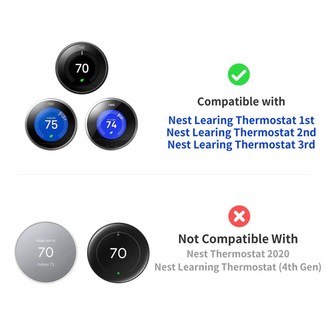 Compatibility chart showing Thermostat Wall Plate Cover And Trim Kit For First, Second, And Third Gen Smart Thermostats, Snow Finish.