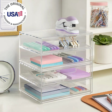 Clear Drawer Organizer With Four Wide Drawers For Office, Kitchen, Beauty, Makeup, Pens And Jewelry Storage Solution, Space Saving, Durable BPA Free Plastic, Stackable, Made In USA, holding office supplies