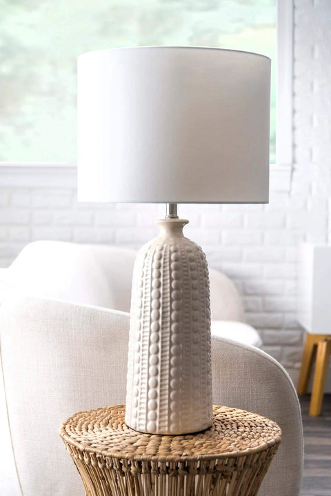 30 Inch Ceramic Table Lamp With Linen Shade For End Tables And Living Rooms, Easy On Off Switch, corded light on wicker table