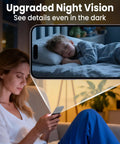Woman using phone with image of sleeping child on screen, showcasing Upgraded 4K Spy Camera With 5GHz WiFi Long Battery Life Night Vision Motion Alerts Free Cloud Storage Wireless Indoor Nanny Cam For Home Security Real Time Alerts With Cloud Backup.