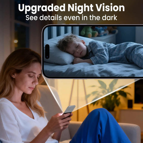 Woman using phone with image of sleeping child on screen, showcasing Upgraded 4K Spy Camera With 5GHz WiFi Long Battery Life Night Vision Motion Alerts Free Cloud Storage Wireless Indoor Nanny Cam For Home Security Real Time Alerts With Cloud Backup.