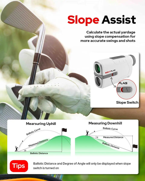 Golf rangefinder with slope assist, 1300 yard yardage, 7.5x magnification, magnetic mount, Type C rechargeable, lightweight gray gear.