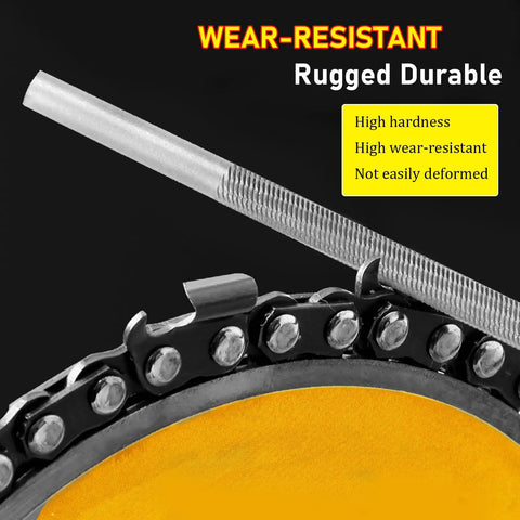 Three Sixteenth Inch Chainsaw File Set 12 Pack for precise cuts, featuring rugged bearing steel, wear-resistant sharpening file on chain.