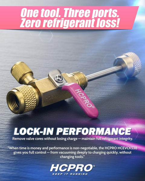 Valve Core Removal Tool For HVAC Pro Grade Kit with Three Eighths Inch Evacuation Kit, displayed on a reflective surface