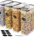 Set Of 4 Airtight Cereal Storage Canisters 4L Each With Lids on counter, filled with cereals, includes marker and reusable labels