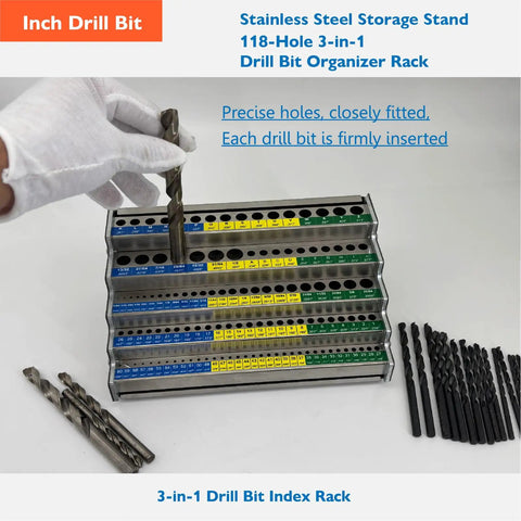 Premium Quality Industrial Grade Drill Bit Organizer Storage Box With 118 Precision Holes And Easy Reference Chart, stainless steel rack with drill bits.
