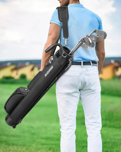 Man carrying an Ultra Lightweight Stand Golf Bag For Men And Women Holds Seven To Eight Clubs Two Way Divider System Built In Cooler