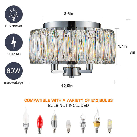 Lit 13 Inch Chrome Flush Mount Crystal Ceiling Light With 3 K9 Crystals Modern Chandelier dimensions and bulb types
