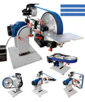 Badass 2X72 Belt Grinder With Vfd Variable Speed Control Paired With Three Zirconia Abrasive Belts 60 100 And 180 Grit showing different angles.