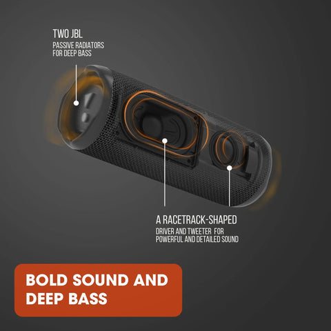 Internal view of Flip 6 Portable Bluetooth Speaker With Loud Power And Deep Bass, showing passive radiators and drivers.