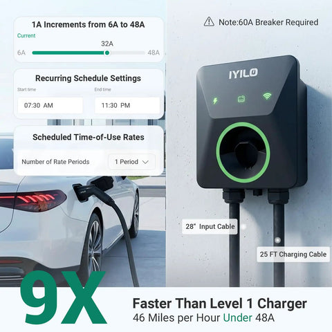 Level 2 EV Charger 48 Amp 11.5kW 240V Home Charging Station, wall-mounted with 25 ft cable and car charging