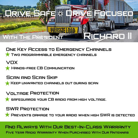 Richard II 10 Meter Amateur Radio for Truck Install 28 to 29.7 MHz, OEM Size Fit, truck on highway with radio features listed