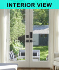 Interior view of door with Keypad Deadbolt Electronic Keyless Double Door Lock Set With Handle For Easy Home Office And Hotel Access Auto Lock 1 Touch Locking 50 User Codes Matte Black With Backlit Keypad And Durable Construction; view of garden outside.
