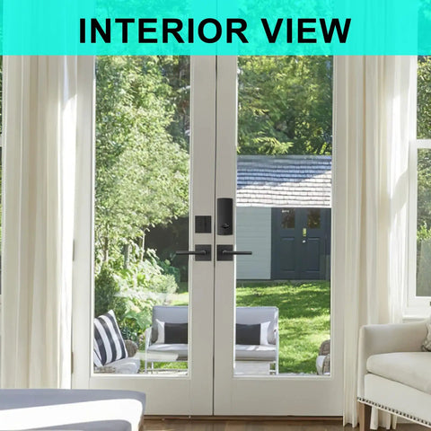 Interior view of door with Keypad Deadbolt Electronic Keyless Double Door Lock Set With Handle For Easy Home Office And Hotel Access Auto Lock 1 Touch Locking 50 User Codes Matte Black With Backlit Keypad And Durable Construction; view of garden outside.