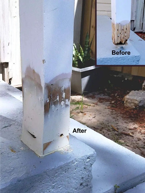 Before and after use of WoodEpox Kit Pro Grade 2 Pint 2 Part Structural Epoxy Adhesive Filler For Wood on a damaged post.
