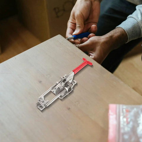 Heavy Duty Adjustable Toggle Clamp Latch for Cabinets and Suitcases, Rugged Metal Build With Super Strong Grip in use on tabletop