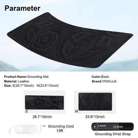 Black grounding mat kit for sleep, energy, and balance with Earth connection therapy, includes wrist strap, 23.6x13 inch
