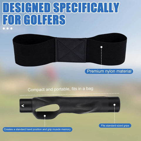 2 Pack Golf Trainer And Swing Correcting Arm Band Kit For Men And Women Golfers Beginners Grip Position Fix And Swing Mechanics Improvement For Consistent Shots Black highlighted with materials and features.